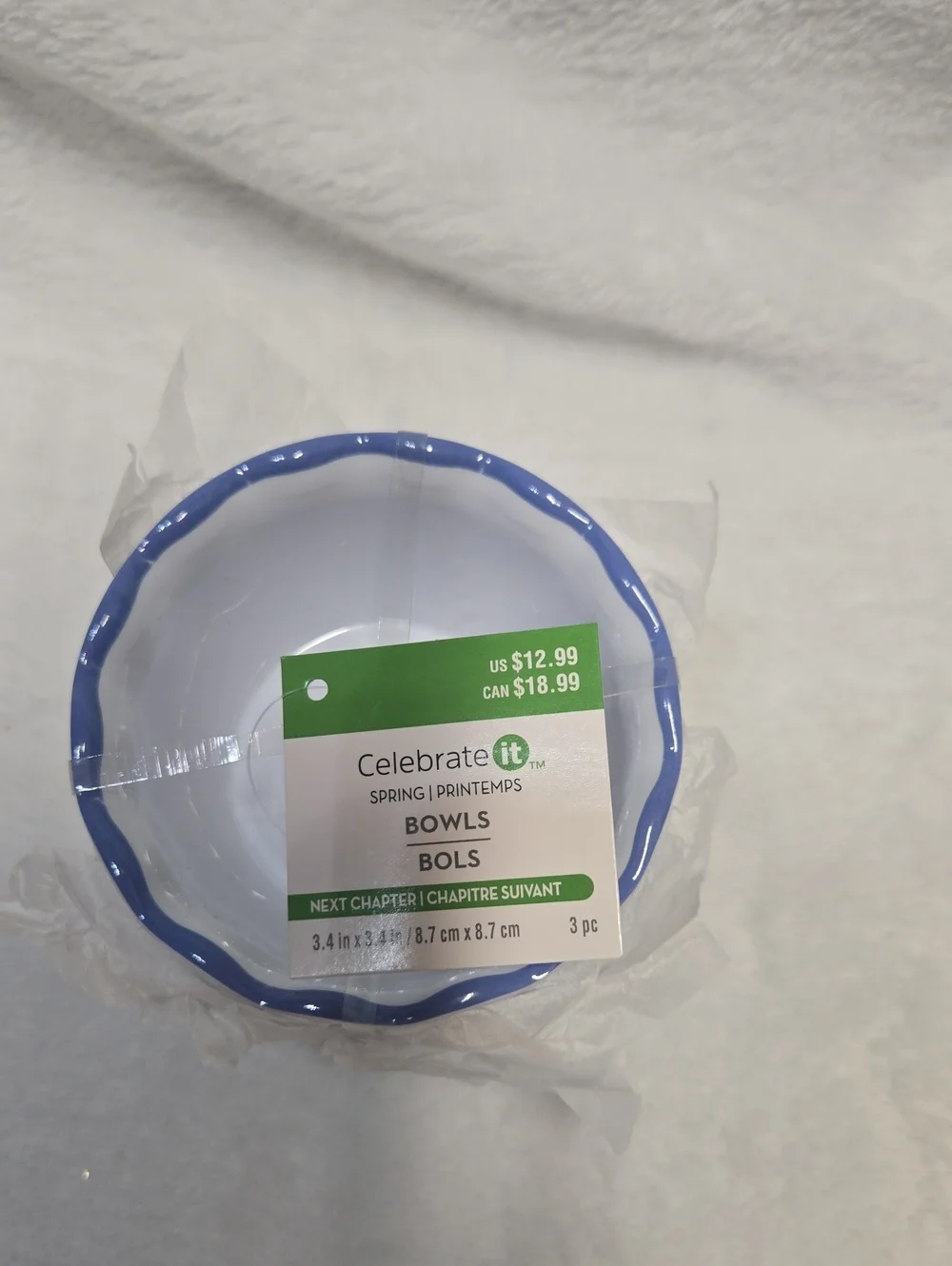 🌞NWT! Celebrate It White Party Bowls with Blue Scalloped Rim 3 Piece 3.4x3.4